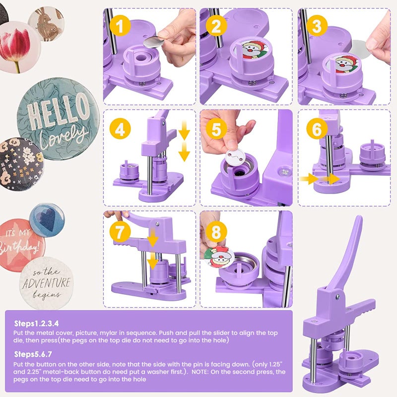 KOSIEJINN 300pcs Button Pin Maker Machine Multiple Sizes 1''+1.25''+2.25'' Badge Button Press Machine with Button Parts&Circle Cutter&Picture (Purple) - Image 5