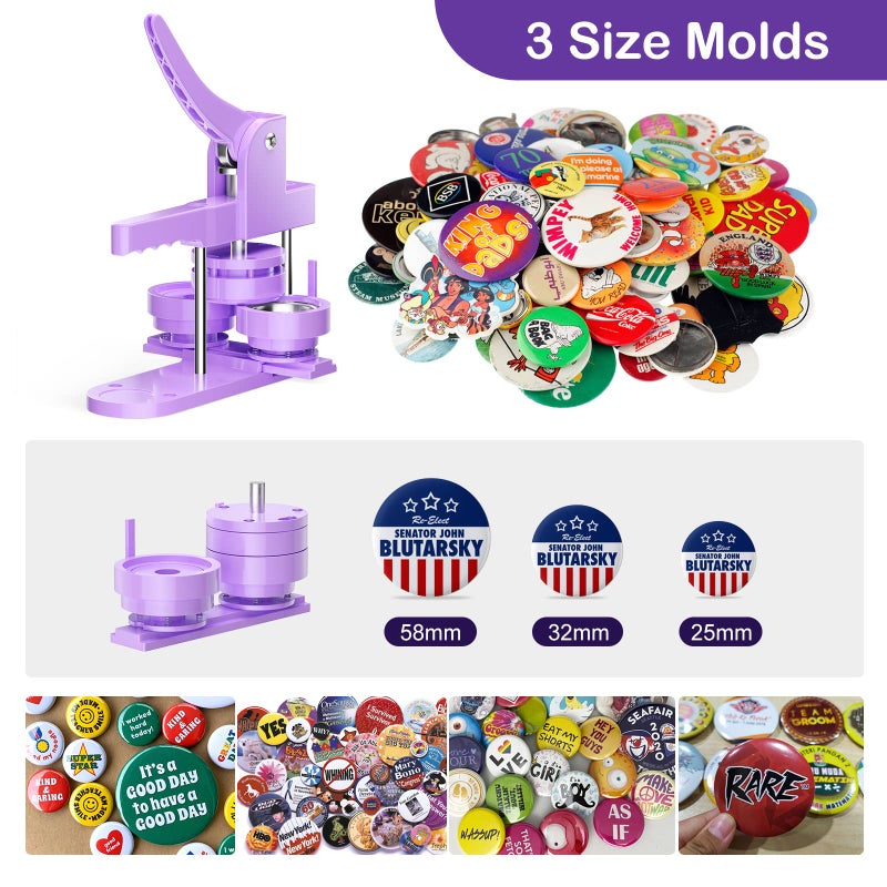 KOSIEJINN 300pcs Button Pin Maker Machine Multiple Sizes 1''+1.25''+2.25'' Badge Button Press Machine with Button Parts&Circle Cutter&Picture (Purple) - Image 3