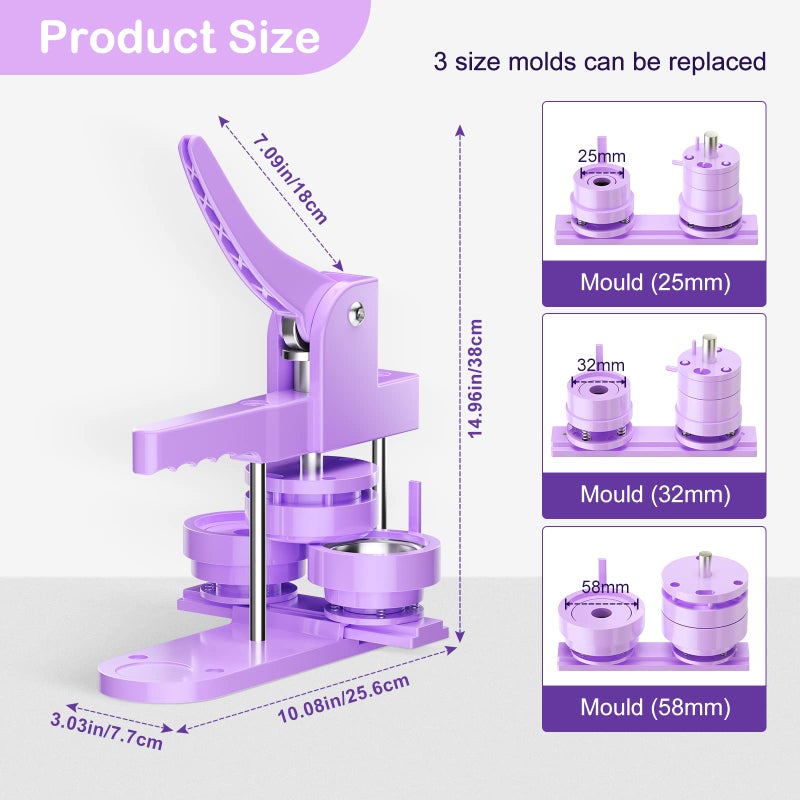 KOSIEJINN 300pcs Button Pin Maker Machine Multiple Sizes 1''+1.25''+2.25'' Badge Button Press Machine with Button Parts&Circle Cutter&Picture (Purple) - Image 2