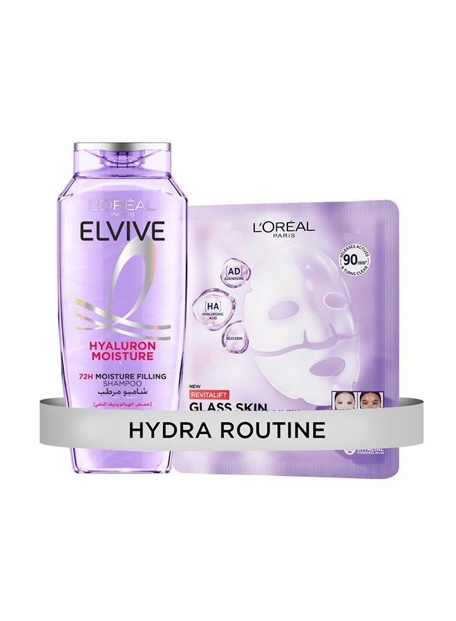 L'OREAL PARIS Elvive Hyaluron Moisture Shampoo- purple 400ml & L’Oréal Paris Revitalift Hydrogel Glow Mask Glass Skin In Only 90 Minutes, 1pc Bundle - Image 1
