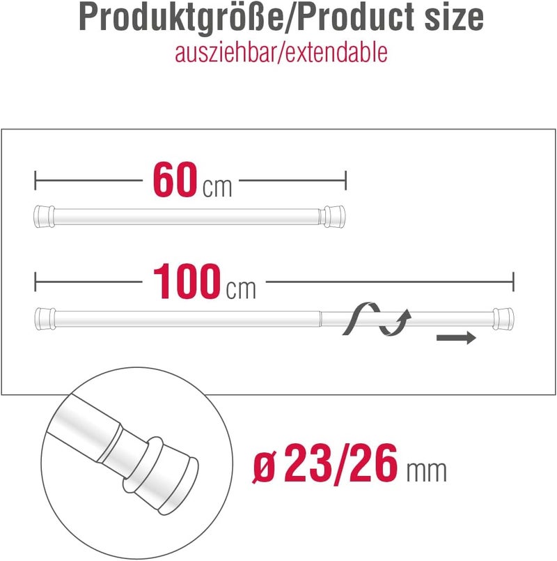 Gardinia Tension Rod, Metal Rod, Extendible, Assembly without Screws or Drilling, Diameter 23/26 mm, Length 60-100 cm, White, Steel - Image 4