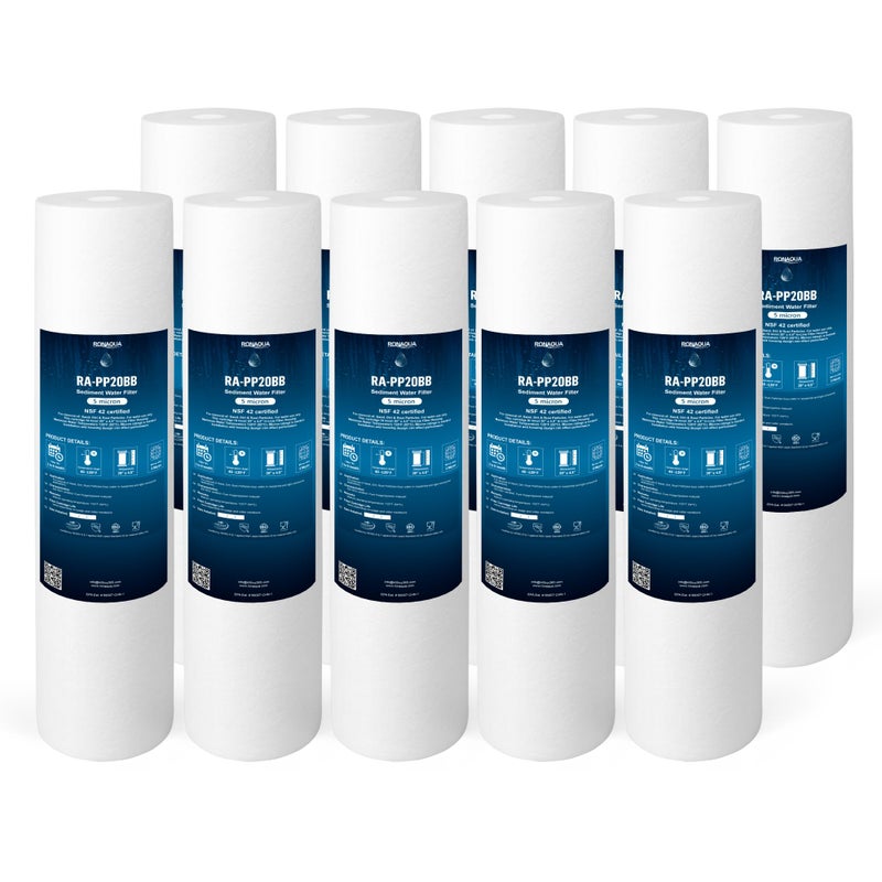 Ronaqua 20 x 45 Big Sediment Replacement Water Filter Cartridge 5 Micron NSF Certified for Whole House Compatible with 15535843 2PP20BB1M AP8102 FPMBBB520 P520BB SDC452005 10 Pack