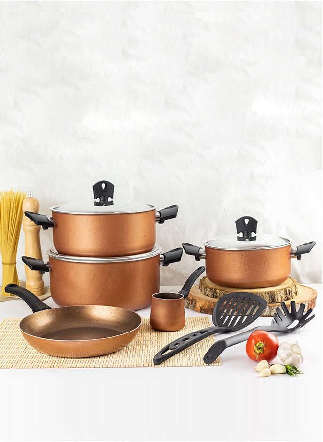 10-Piece Cookware Set Non-Stick Aluminum With Stainless Steel Lid & Heat Resistant Handle Size 20,24,24,26CM Brown 