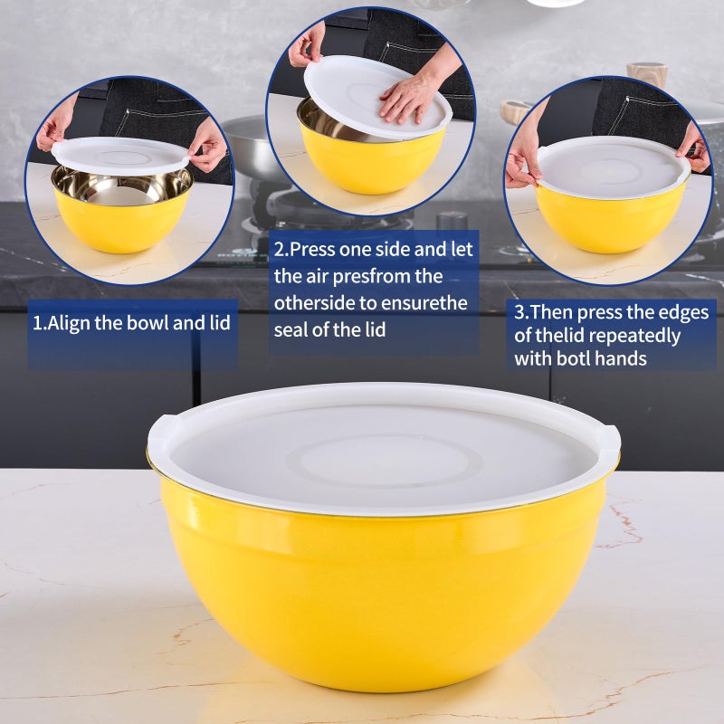 Onlycooker Yellow Mixing Bowls With Airtight Lids,Stainless Steel Bowl,Salad Bowls 7 Piece Colorful Nesting Bowl Yellow Kitchen Accessories,Size 7,3.6,2.7,2.1,1.5,1.1,0.8QT Stackable Design - Image 3