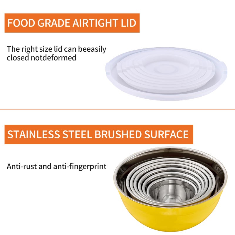 Onlycooker Yellow Mixing Bowls With Airtight Lids,Stainless Steel Bowl,Salad Bowls 7 Piece Colorful Nesting Bowl Yellow Kitchen Accessories,Size 7,3.6,2.7,2.1,1.5,1.1,0.8QT Stackable Design - Image 4