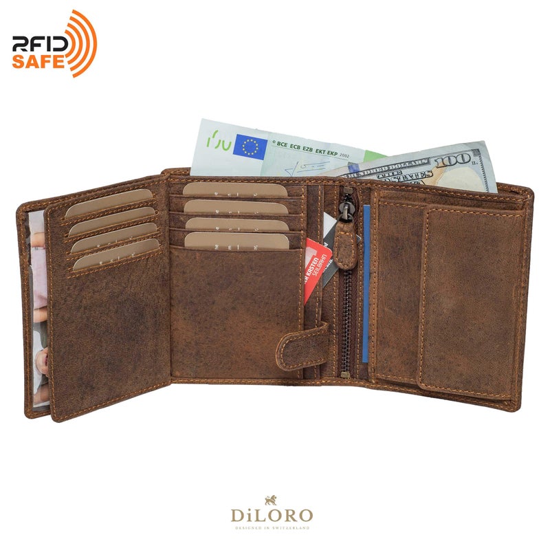 DiLoro محفظة دي لورو للرجال مع حجب RFID من جلد طبيعي كامل الحبة، محفظة قابلة للطي مع جيب عملة قابل للطي وحجرة بسحاب آمنة، كبيرة جداً (بني داكن) - Image 3