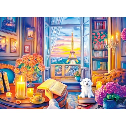 Nitktaia 300 Pieces Puzzles for AdultsEiffel Tower Dusk Reading Scene PuzzlesLarge Piece Puzzle for SeniorsCute Puppy Jigsaw Puzzles for Kids Ages 810Challenging Family Games 205 x 15 in - Image 1