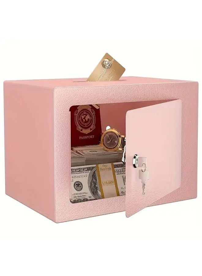 Pink Mini Fireproof Safe With Key Lock Portable Wall Mounted Security Cash Box - Image 1