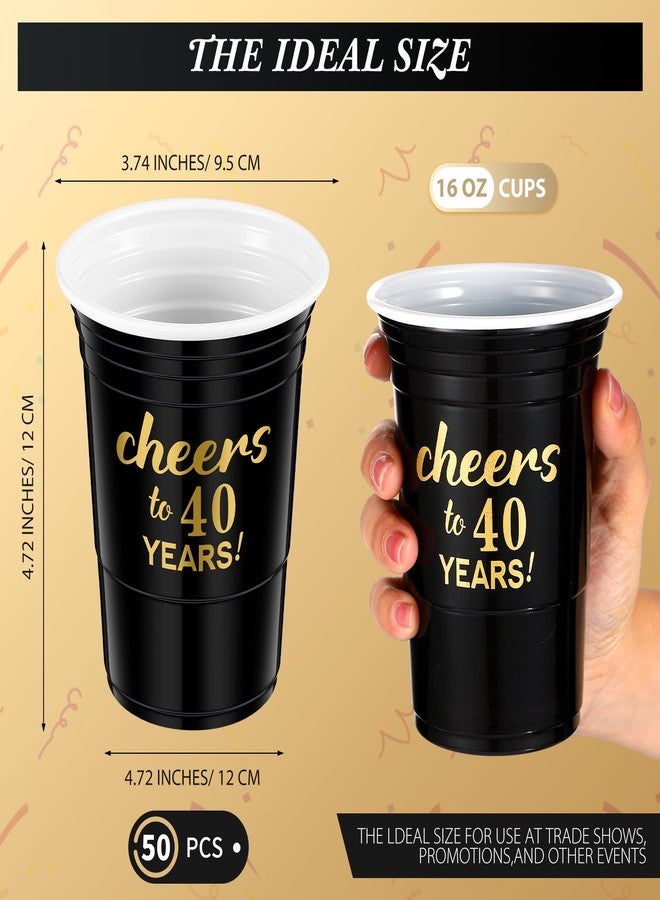 Suttmin 50 Pcs Cheers to 40 Years 16 oz Birthday Party Disposable Cups Black Gold Plastic Tumbler Cups for 40th Birthday Squad Tumblers for Wedding Anniversary Supplies Decorations - Image 2