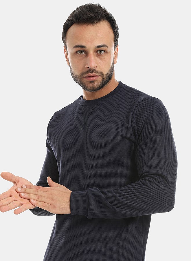 Andora Round Collar Long Sleeves Plain Sweatshirt-Navy Blue - Image 4