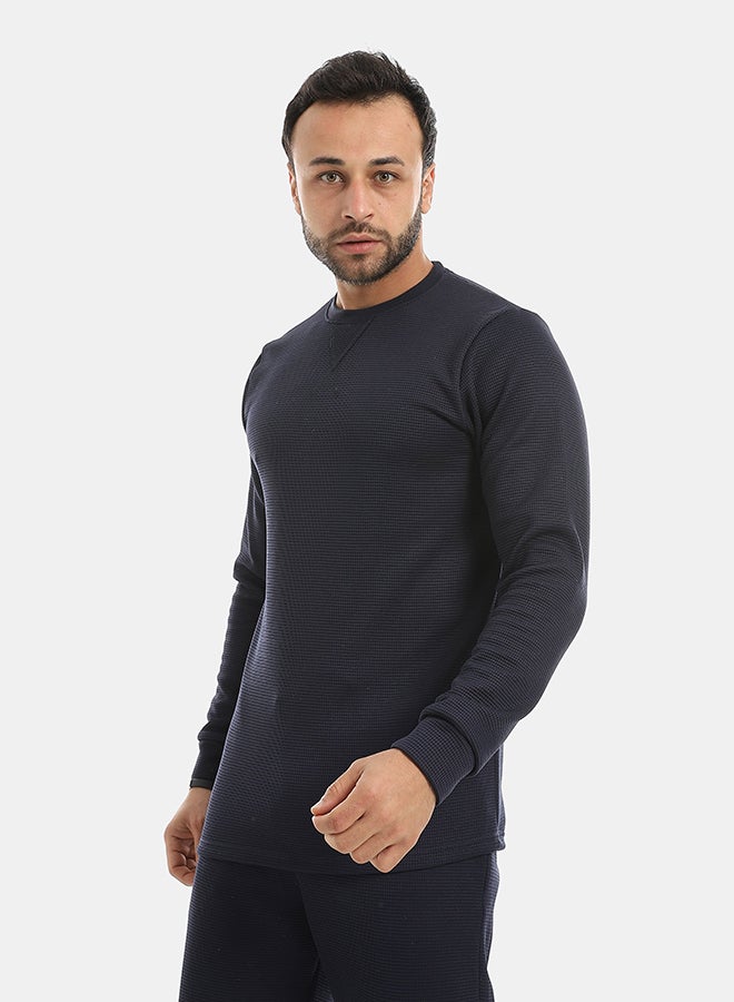 Andora Round Collar Long Sleeves Plain Sweatshirt-Navy Blue - Image 2