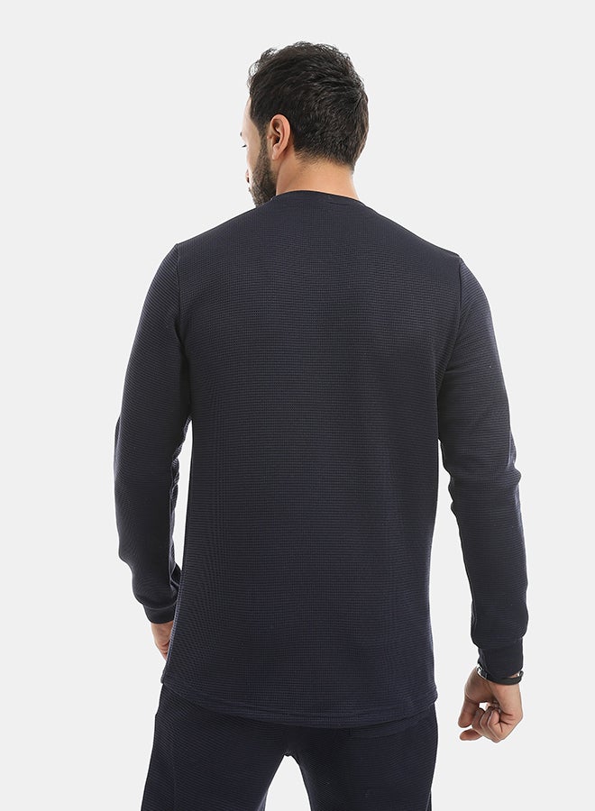 Andora Round Collar Long Sleeves Plain Sweatshirt-Navy Blue - Image 3