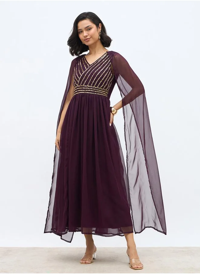 Styli Styli Embellished Cape Sleeve V-Neck Maxi Dress