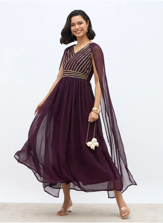 Styli Styli Embellished Cape Sleeve V-Neck Maxi Dress