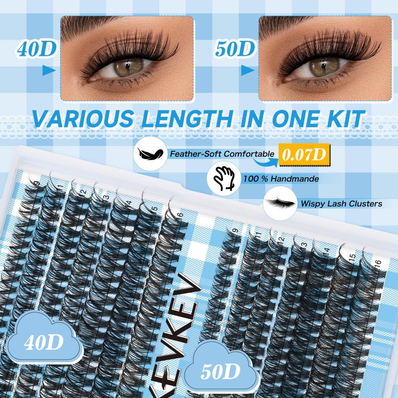 KevKev Lash Extension Kit 280Pcs Lash Clusters 40D+50D Eyelash Clusters Kit Individual Lashes With Lash Bond and Seal Tweezers For DIY Lashes (40D+50D,9-16mm) - Image 2