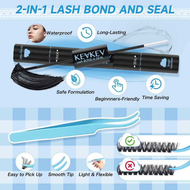 KevKev Lash Extension Kit 280Pcs Lash Clusters 40D+50D Eyelash Clusters Kit Individual Lashes With Lash Bond and Seal Tweezers For DIY Lashes (40D+50D,9-16mm) - Image 3
