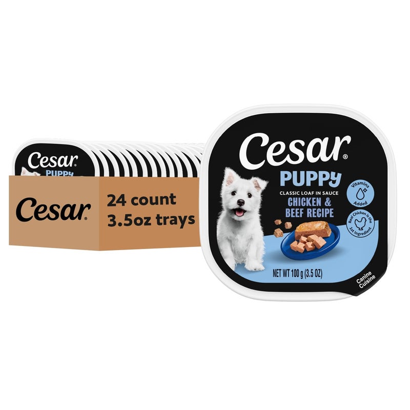 Cesar Puppy Classic Loaf in Sauce Wet Dog Food, Chicken & Beef Recipe, 3.5 oz. Easy Peel Trays, Dog Food Toppers, 24 Count - Image 1