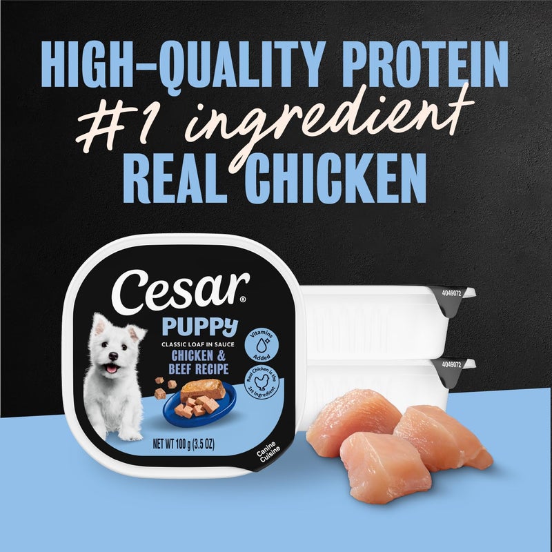Cesar Puppy Classic Loaf in Sauce Wet Dog Food, Chicken & Beef Recipe, 3.5 oz. Easy Peel Trays, Dog Food Toppers, 24 Count - Image 4