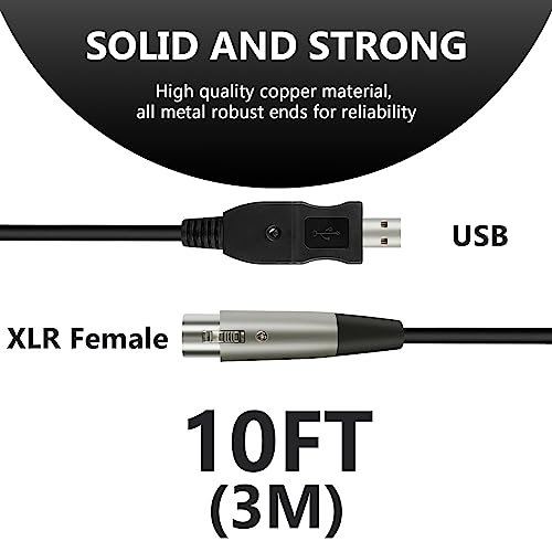 GEEKRIA for Creators USB to XLR Female Microphone Cable 10 ft 3 M Compatible with Fifine K688 AmpliGame AM8 Shure MV7 Samson Technologies Q2U Rode PodMic Balanced Mic Cord Black - Image 3