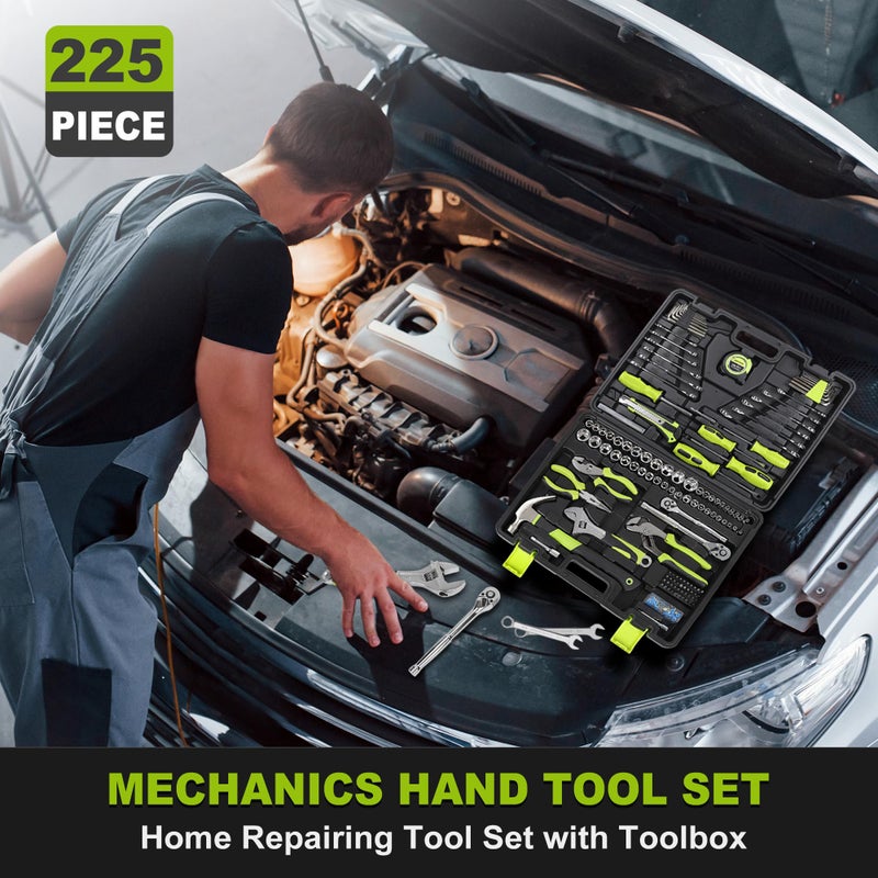 FASTPRO 225-Piece Household Tool Set, SAE & Metric Mechanics Hand Tool Set with Toolbox, Home/Auto Repairing Tool Kit for DIY, Home Maintenance and Car Repairing, Green - Image 3