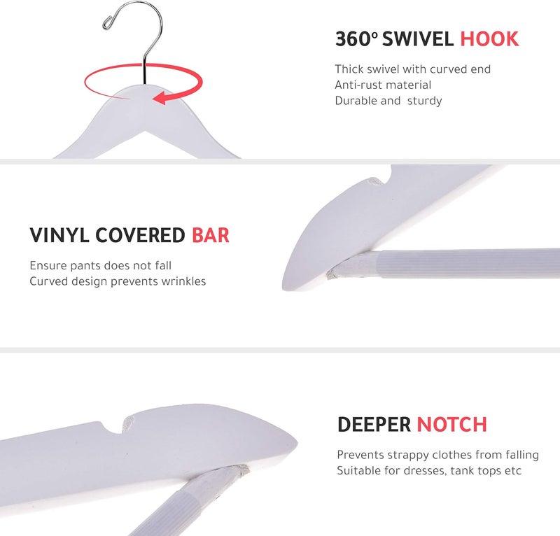 Quality Hangers شماعات بدلات خشبية عالية الجودة مع شريط بنطلون غير قابل للانزلاق، 20 قطعة، شماعة معطف خشبية صلبة بلمسة نهائية ناعمة مع خطاف دوار، شماعات للجاكيت والبنطلون والفساتين (أبيض، 20) - Image 3