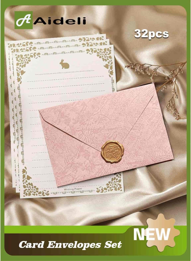 أديلي أظرف وبطاقات تهنئة 32 قطعة مجموعة كتابة كلاسيكية – 6 أظرف وردية بنقشة خشبية + 20 ورقة كتابة مخططة بتصميم الأرنب الأبيض + 6 ملصقات ختم شمعي للرسائل والدعوات والهدايا الفنية - Image 1