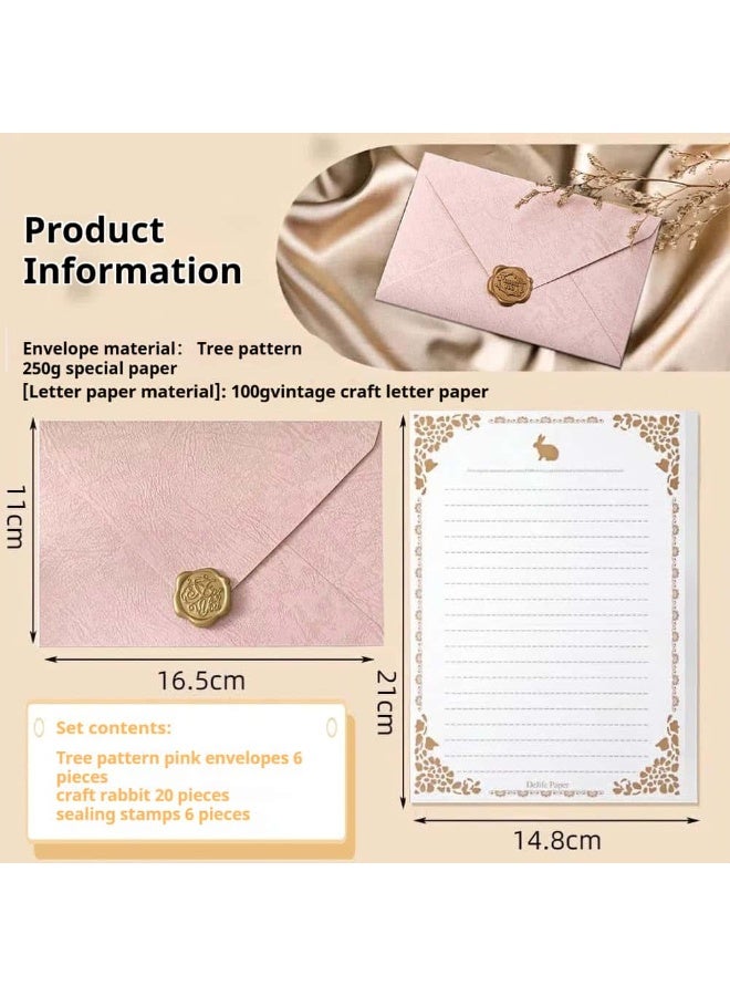 أديلي أظرف وبطاقات تهنئة 32 قطعة مجموعة كتابة كلاسيكية – 6 أظرف وردية بنقشة خشبية + 20 ورقة كتابة مخططة بتصميم الأرنب الأبيض + 6 ملصقات ختم شمعي للرسائل والدعوات والهدايا الفنية - Image 2