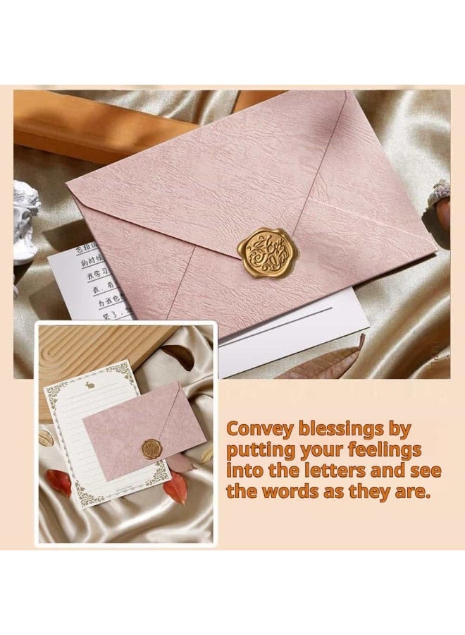 أديلي أظرف وبطاقات تهنئة 32 قطعة مجموعة كتابة كلاسيكية – 6 أظرف وردية بنقشة خشبية + 20 ورقة كتابة مخططة بتصميم الأرنب الأبيض + 6 ملصقات ختم شمعي للرسائل والدعوات والهدايا الفنية - Image 4