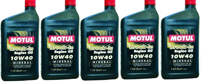 Motul 108080 Set of 5 Break-in 10W-40 Mineral Oil 1-Quart Bottles - Image 1