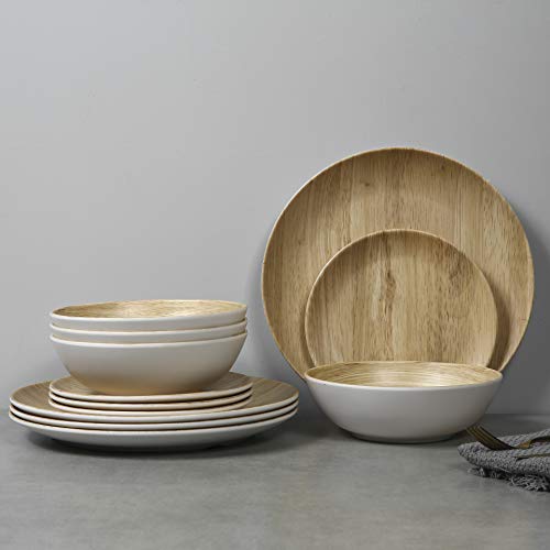 Webbylee Melamine Dinnerware Set - 12pcs dinnerware set Indoor and Outdoor use, Bamboo Pattern Dishes Dinnerware Set for 4,Dishwasher Safe (Wood Grain) - Image 1
