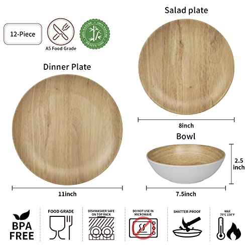 Webbylee Melamine Dinnerware Set - 12pcs dinnerware set Indoor and Outdoor use, Bamboo Pattern Dishes Dinnerware Set for 4,Dishwasher Safe (Wood Grain) - Image 2