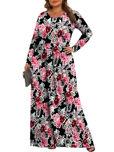 Tencede Womens Plus Size Maxi Dresses Long Sleeve with Pockets Casual Long Dress Black White Begonia 3X - Image 2