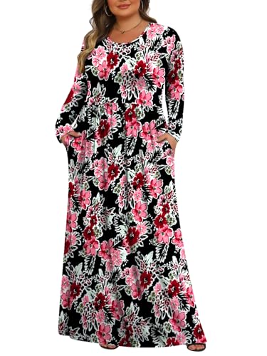 Tencede Womens Plus Size Maxi Dresses Long Sleeve with Pockets Casual Long Dress Black White Begonia 3X - Image 1