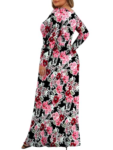 Tencede Womens Plus Size Maxi Dresses Long Sleeve with Pockets Casual Long Dress Black White Begonia 3X - Image 4