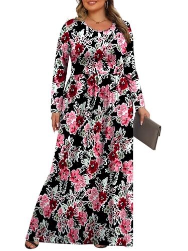 Tencede Womens Plus Size Maxi Dresses Long Sleeve with Pockets Casual Long Dress Black White Begonia 3X - Image 3