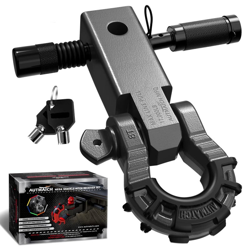 AUTMATCH Shackle Hitch Receiver 2 with 34 Mega D Ring Shackle and 58 Trailer Hitch Lock Pin 68000 Lbs Break Strength Heavy Duty Receiver Towing Kit for OffRoad Vehicle Recovery Gunmetal Gray