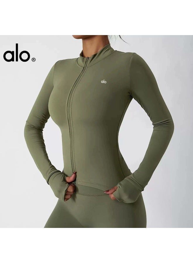 Alo Yoga Women Alo Yoga Slimming Quick Dry Long Sleeve Zip Up Outer Coat High Stretch Workout Jacket For Jogging Gym Yoga Training - Image 2