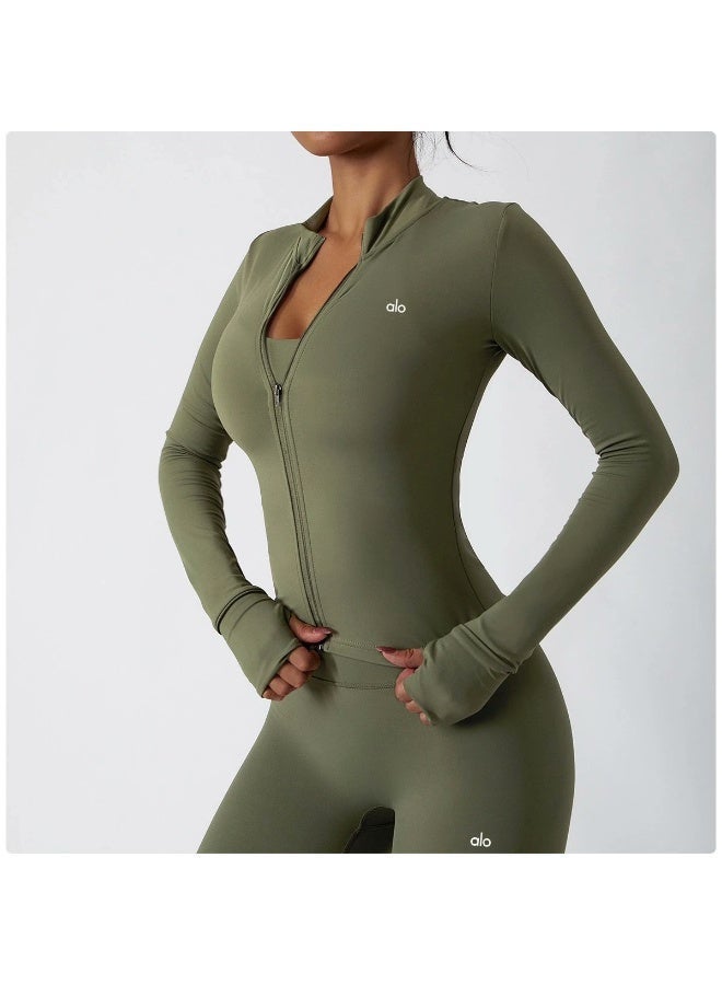 Alo Yoga Women Alo Yoga Slimming Quick Dry Long Sleeve Zip Up Outer Coat High Stretch Workout Jacket For Jogging Gym Yoga Training - Image 1