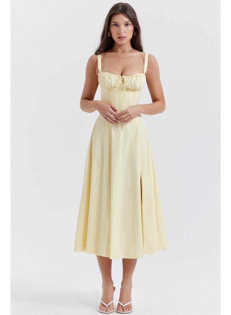 SCACTO Floral Print Bustier Top Lace Up Split Midi Dress 