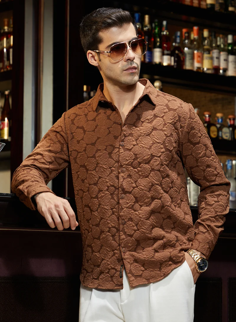 Campus Sutra Campus Sutra Men's Chocolate Brown Rose-Tactile Shirt For Casual Wear | Spread Collar | Long Cuffed Sleeves | Button Closure | Shirt Crafted With Comfort Fit For Everyday Wear