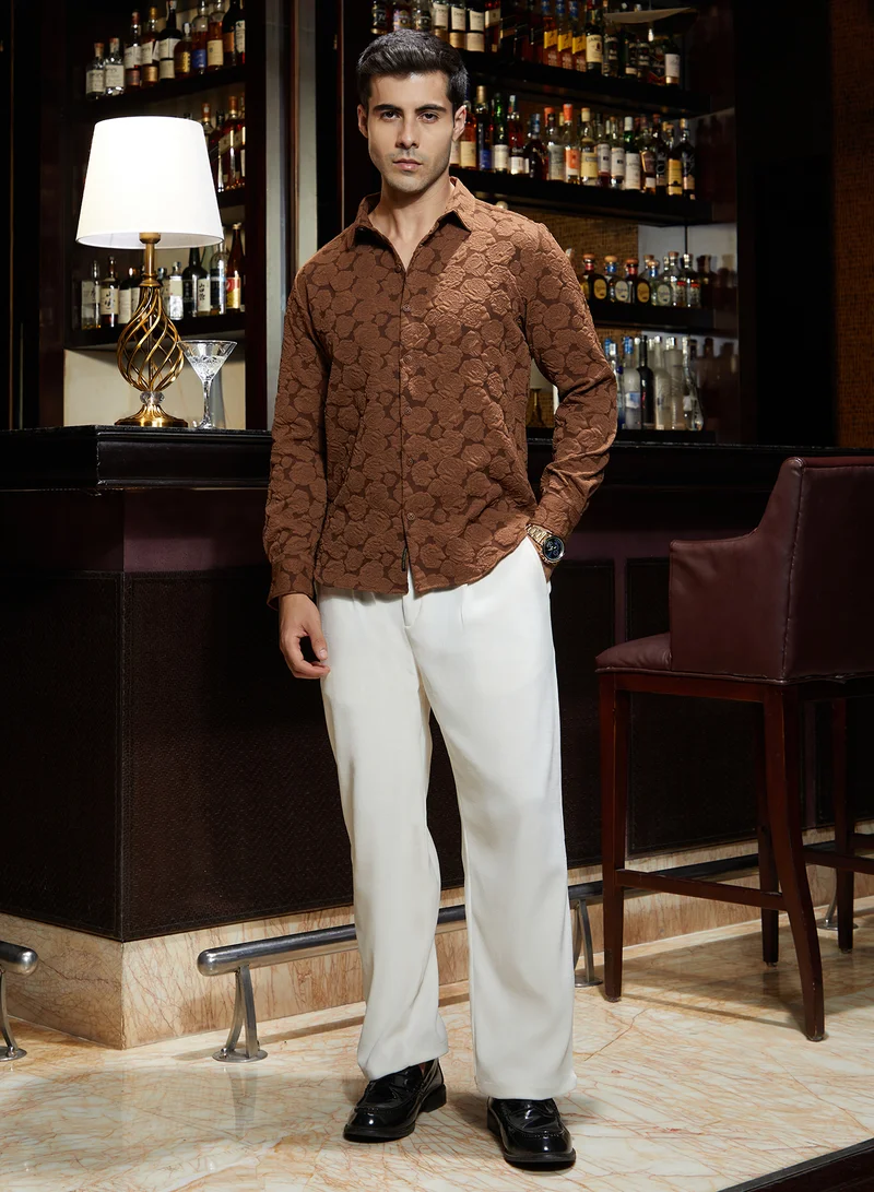 Campus Sutra Campus Sutra Men's Chocolate Brown Rose-Tactile Shirt For Casual Wear | Spread Collar | Long Cuffed Sleeves | Button Closure | Shirt Crafted With Comfort Fit For Everyday Wear