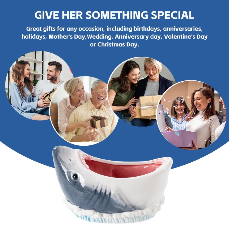Surlama 3D Shark Attack Ceramic Bowl, 40 oz Large Decorative Storage Container for Candy and Popcorn, Multi-Purpose Bowl, Blue Grey - Image 4