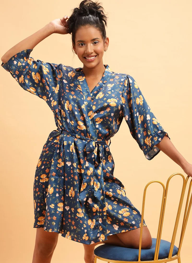 كلوفيا Clovia Pretty Florals Robe in Teal Blue- Satin