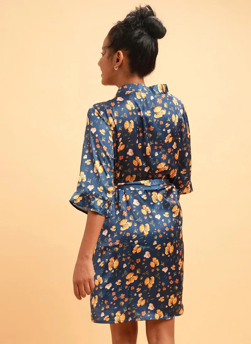 Clovia Navy Blue Clovia Pretty Florals Robe in Teal Blue- Satin for Women | Best Price UAE