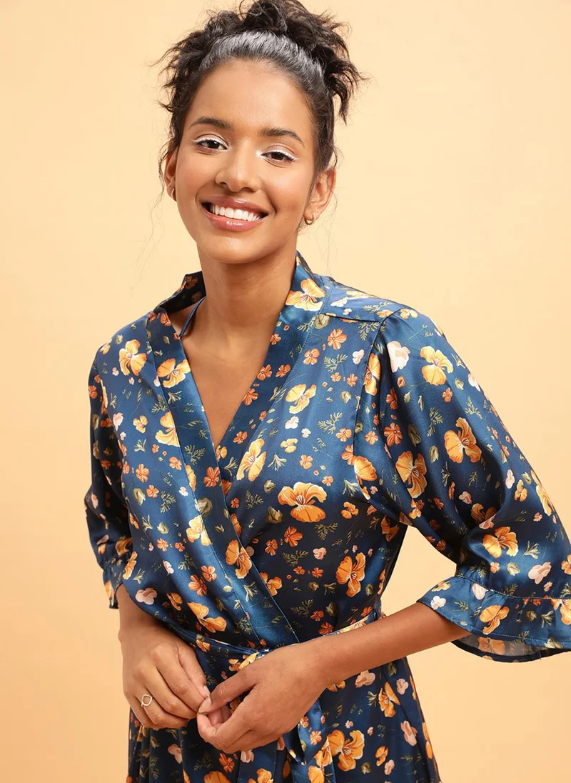 Clovia Navy Blue Clovia Pretty Florals Robe in Teal Blue- Satin for Women | Best Price UAE