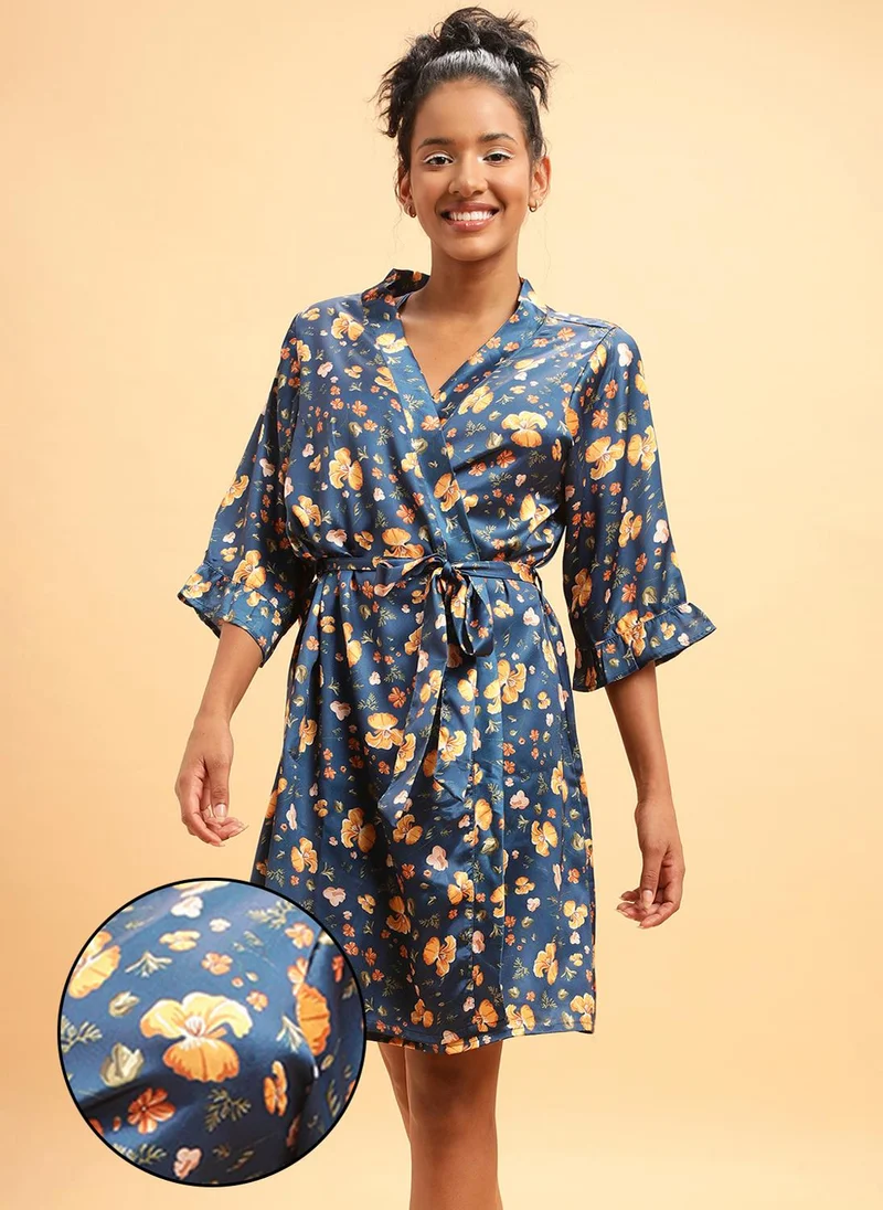 كلوفيا Clovia Pretty Florals Robe in Teal Blue- Satin