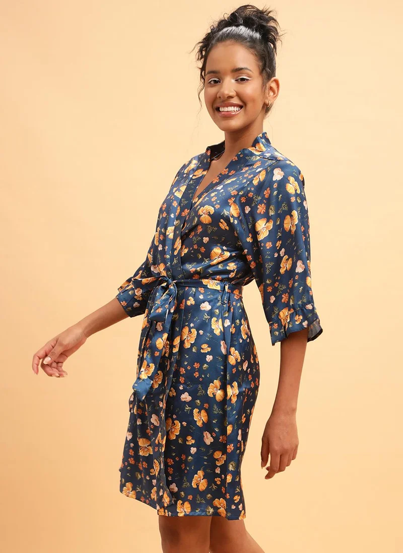 Clovia Navy Blue Clovia Pretty Florals Robe in Teal Blue- Satin for Women | Best Price UAE