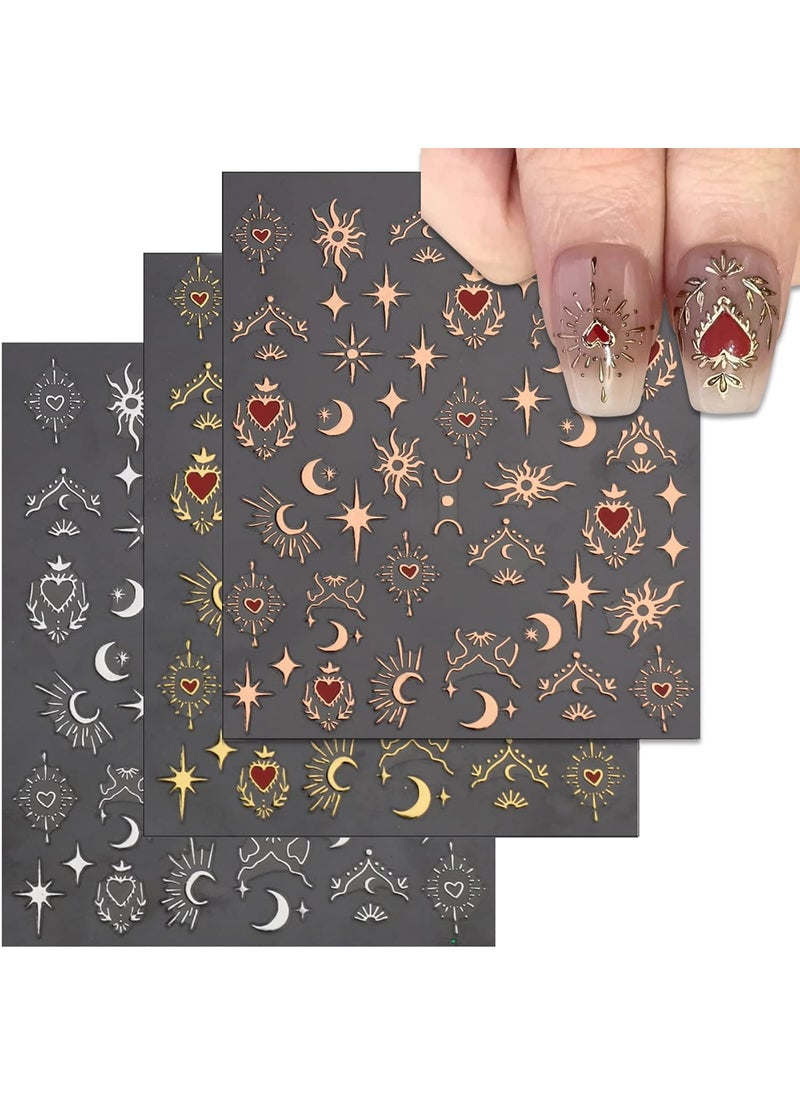 TailaiMei - TailaiMei Valentine's Day Star Moon Nail Stickers, Self-Adhesive Golden Heart Nail Art Decals for DIY Nail Decorations (3 Sheets) - Image 1