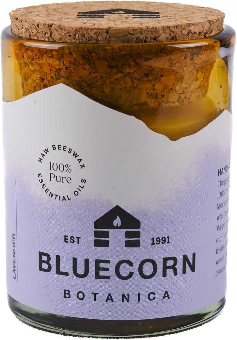 Lavender Essential Oil & Pure Beeswax Candle in Blown Glass Vessel. Bluecorn Beeswax Botanica. Non-Toxic Lavender Scented Candle in 100% Recycled Glass. 8 oz. Aromatherapy Candle