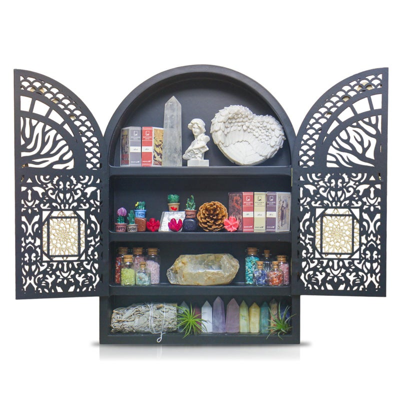 FNYDOX Large Crystal Display Shelf for Wall, Crescent Moon Phase Shelf Wall Decor, Wooden Arch Shelf, Tree of Life Crystal Holder Organizer, Cabinet for Gem Stone Rock, Spiritual Home Room Decor - Image 1